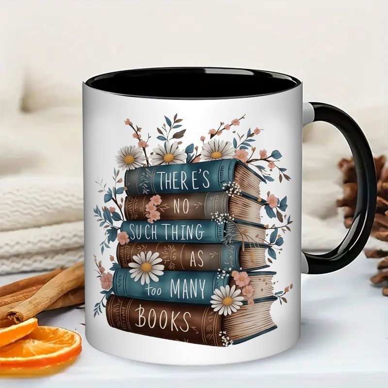 Tailorly Black Accent 11 oz Mug - no such thing as too many books stack of books with black lettering