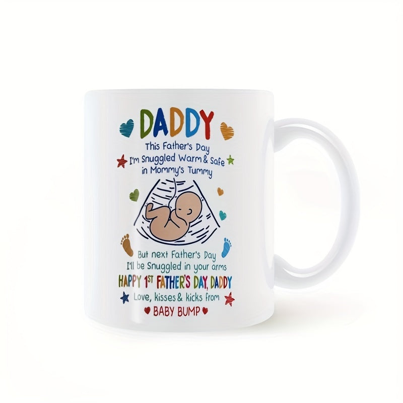 Tailorly White Ceramic 11 oz Mug - Daddy Happy 1st Father's Day Baby Bump Cute Fetus Nestled Inside Heart Shaped Ultrasound Frame Baby