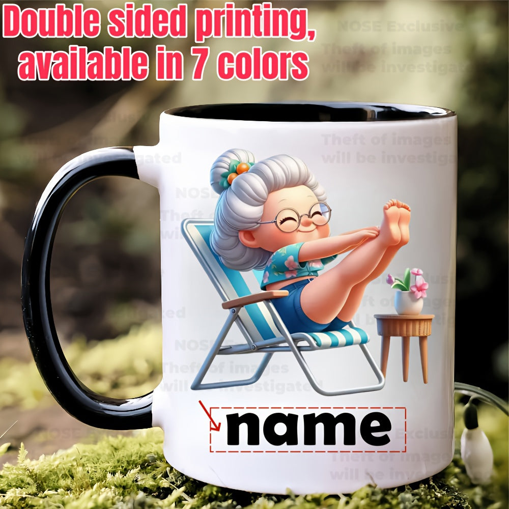Tailorly Black Accent 11 oz Mug - old lady and chaise design
