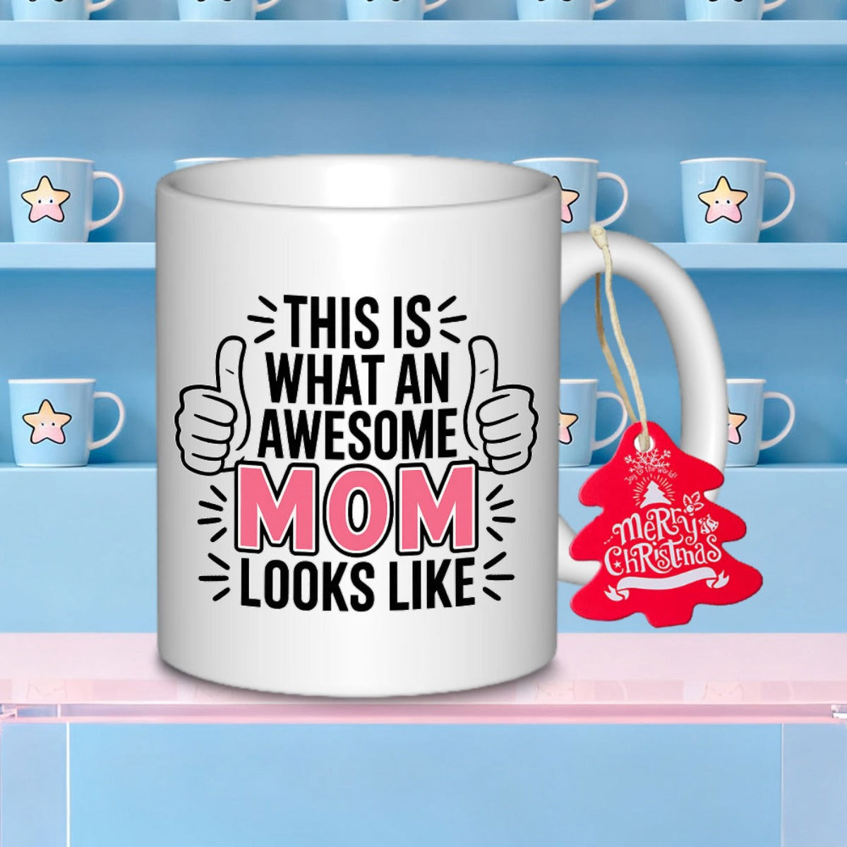 Tailorly White Ceramic 11 oz Mug - This Is What An Awesome Mom Looks Like Minimalist White Ceramic Vessel Featuring Cartoon Thumbs Up And Bold Typography Mug