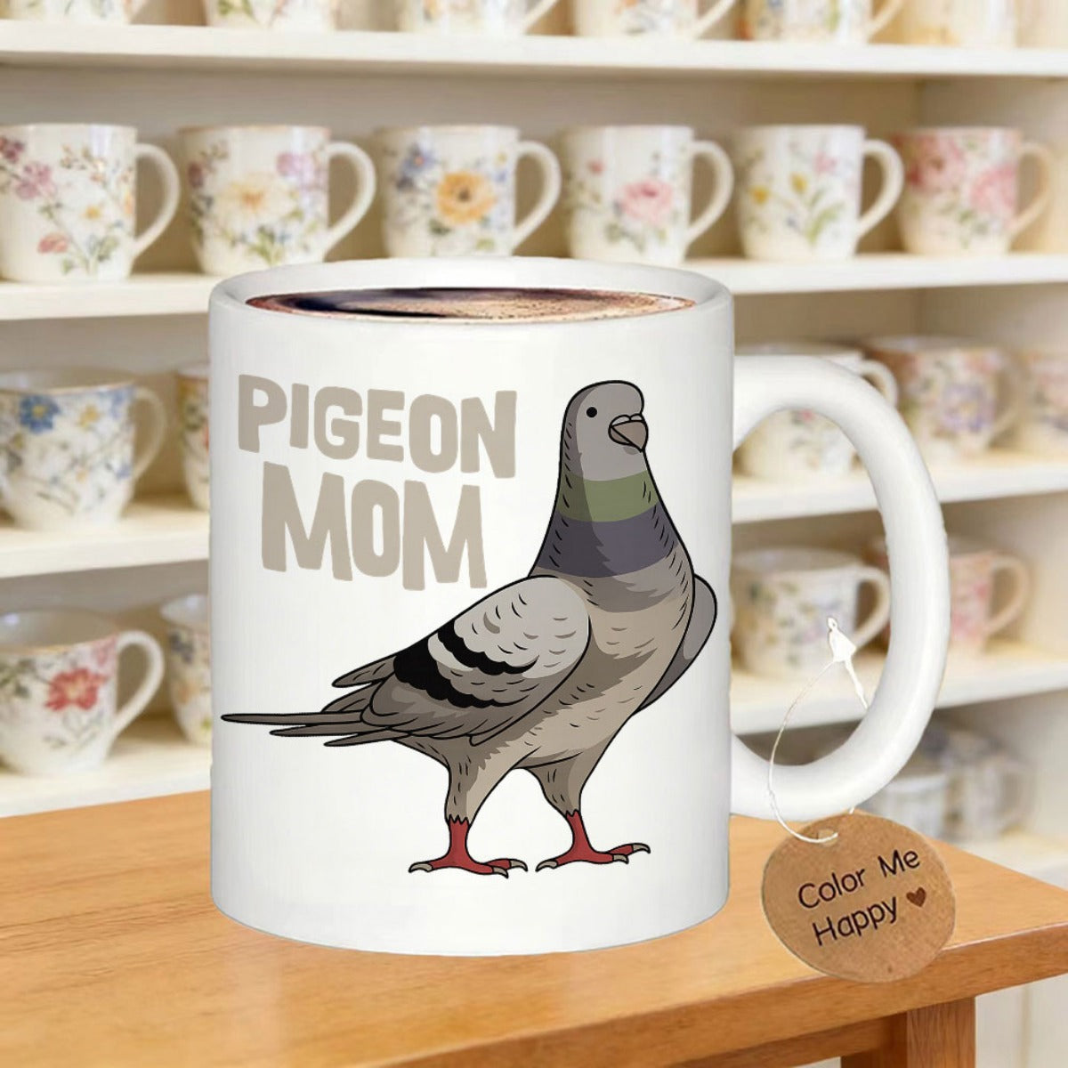 Tailorly White Ceramic 11 oz Mug - Pigeon Mom Artistic Illustration Featuring A Grey Urban Bird Standing Proudly Pigeon