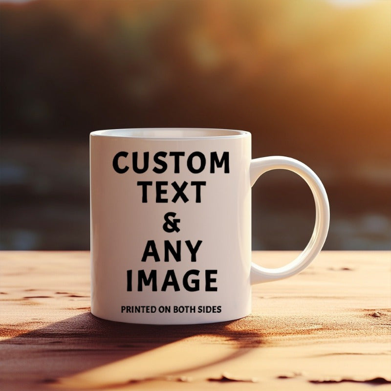 Tailorly White Ceramic 11 oz Mug - Custom Text Any Image Clean White Ceramic Coffee Cup Resting On Rustic Wooden Table Under Sunlight Mug