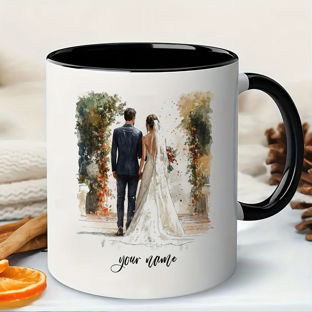 Tailorly Black Accent 11 oz Mug - bride groom under floral with custom names and elegant wedding text