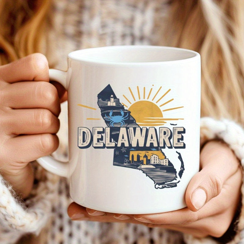 Tailorly White Ceramic 11 oz Mug - Delaware Vintage State Silhouette With Golden Sun Over Coastal Scenery Map