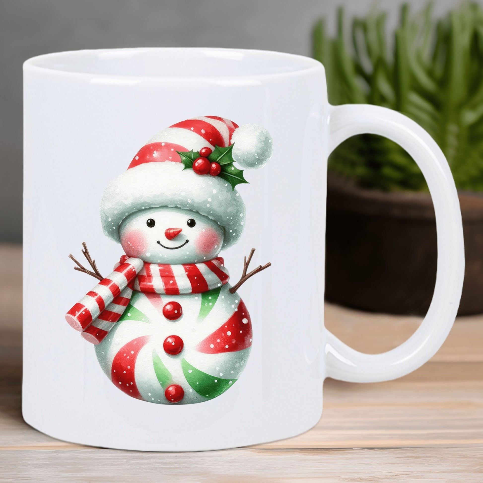 Tailorly White Ceramic 11 oz Mug - Festive Winter Holiday Design With Red And Green Candy Patterned Smiling Snowman