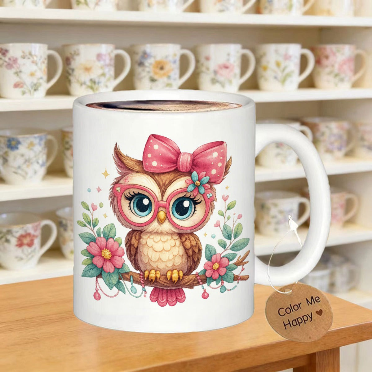Tailorly White Ceramic 11 oz Mug - Color Me Happy Adorable Cartoon Bird Wearing Pink Bow Sitting On Flowering Branch Owl