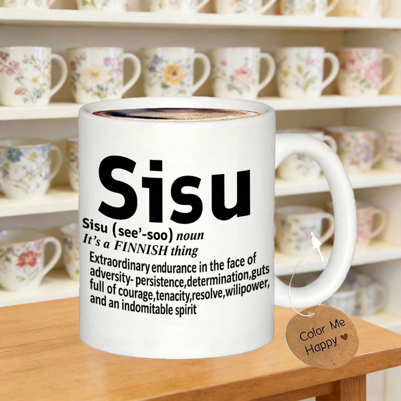 Tailorly White Ceramic 11 oz Mug - Sisu Finnish Thing Minimalist Dictionary Definition Text Layout With Bold Black Sans Serif Font Sign