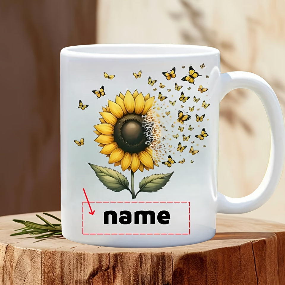 Tailorly White Ceramic 11 oz Mug - Name Vibrant Yellow Sunflower Dissolving Into A Swarm Of Delicate Butterflies Sunflower