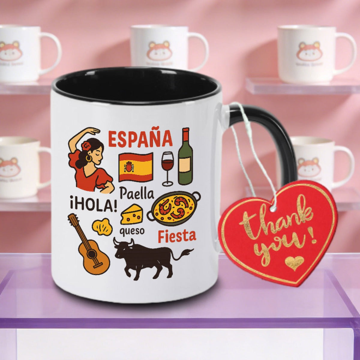 Tailorly Black Accent 11 oz Mug - Flamenco Dancers， Guitar， Wine Cheese Designs， Spanish Lettering