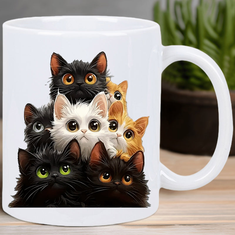 Tailorly White Ceramic 11 oz Mug - Adorable Fluffy Little Cats With Big Expressive Eyes Huddled Together Kittens