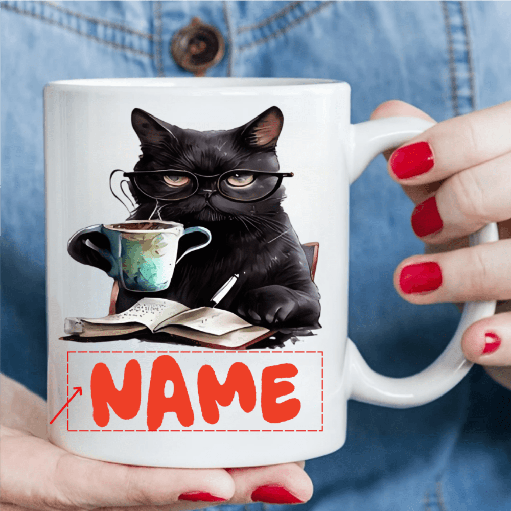 Tailorly White Ceramic 11 oz Mug - Name Intellectual Black Cat Reading Book With Steaming Coffee Cat