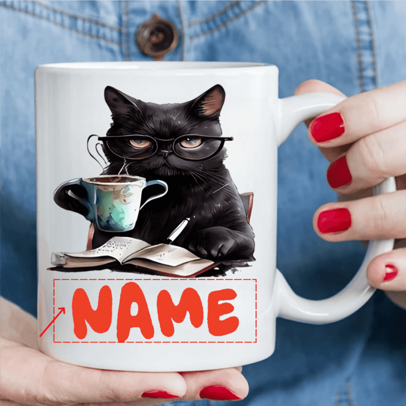 Tailorly White Ceramic 11 oz Mug - Name Intellectual Black Cat Reading Book With Steaming Coffee Cat