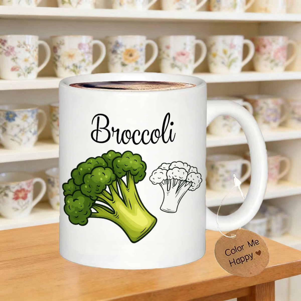 Tailorly White Ceramic 11 oz Mug - Broccoli Vibrant Green Vegetable Floret Next To A Simple Black Line Sketch Broccoli