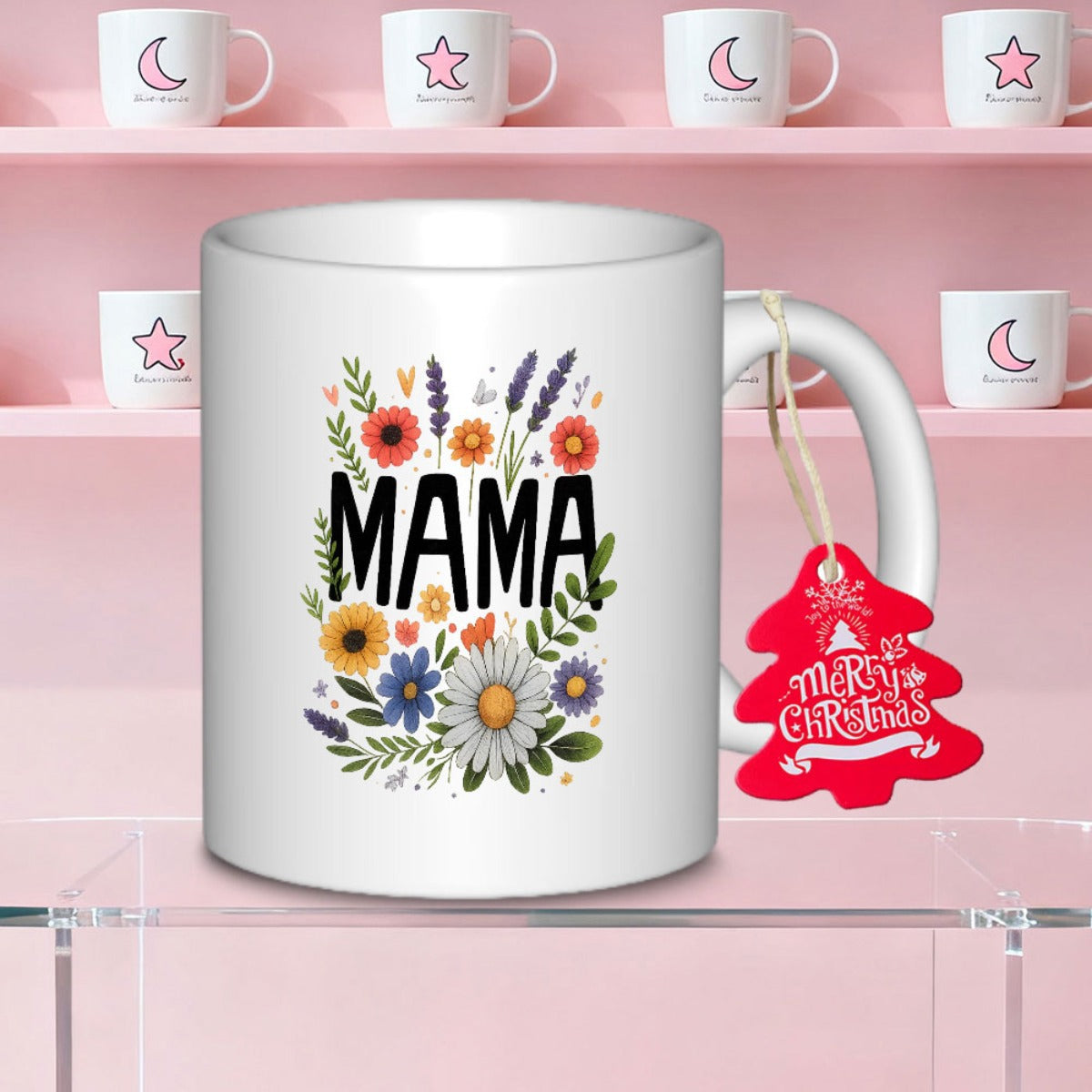 Tailorly White Ceramic 11 oz Mug - Mama Elegant Colorful Wildflowers Blooming Around Bold Black Text Within Nature Inspired Flower