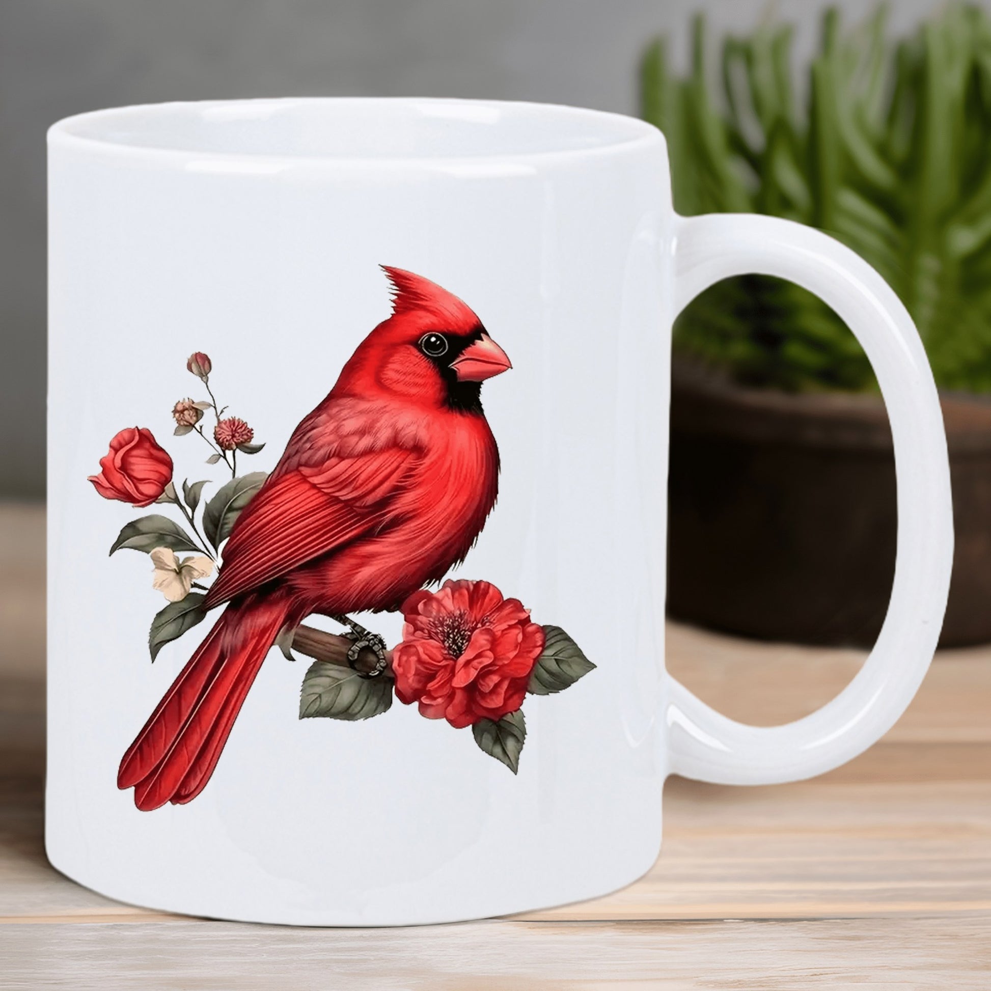 Tailorly White Ceramic 11 oz Mug - Vibrant Red Songbird Resting Peacefully Among Blooming Floral Rose Branches Cardinal