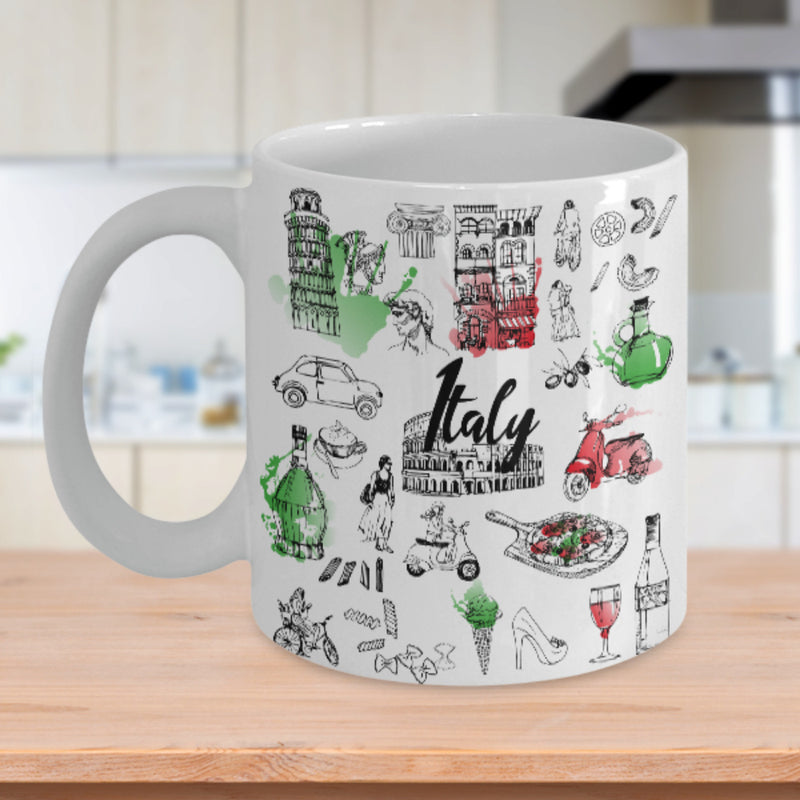 Tailorly White Ceramic 11 oz Mug - Italy Hand Drawn Sketches With Colorful Watercolor Splashes Featuring Iconic Landmarks Culture Collage
