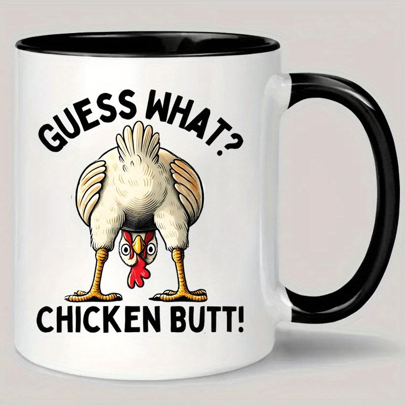 Tailorly Black Accent 11 oz Mug - funny cartoon rooster with text "what chicken"