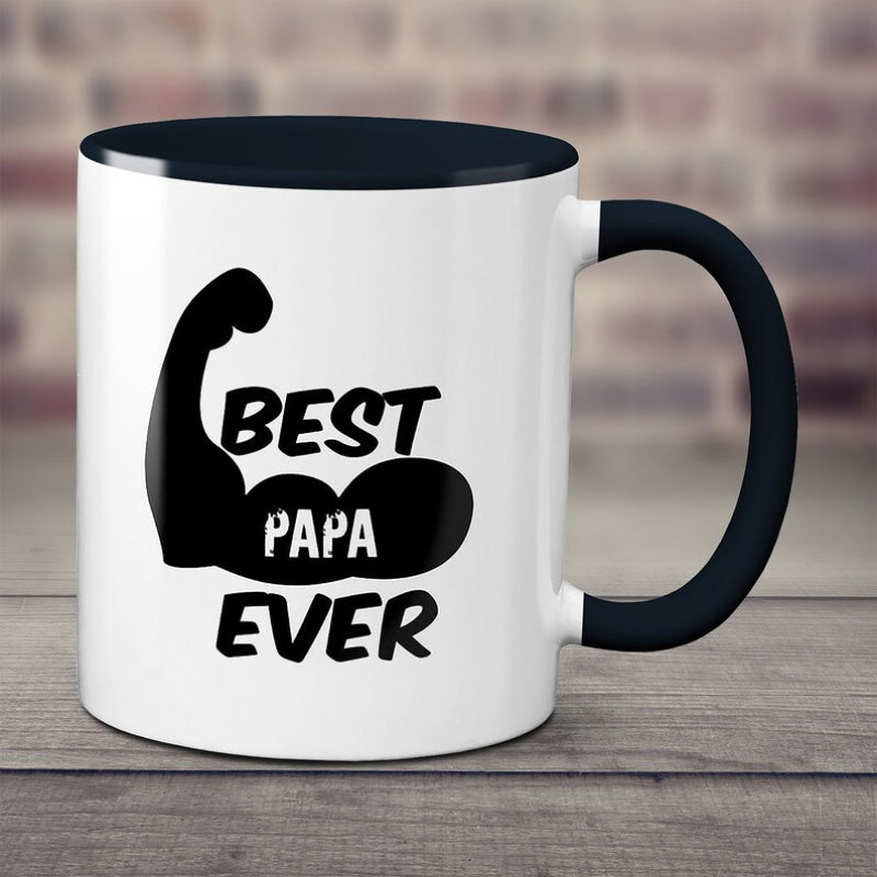 Tailorly Black Accent 11 oz Mug - best papa ever text with muscle arm design