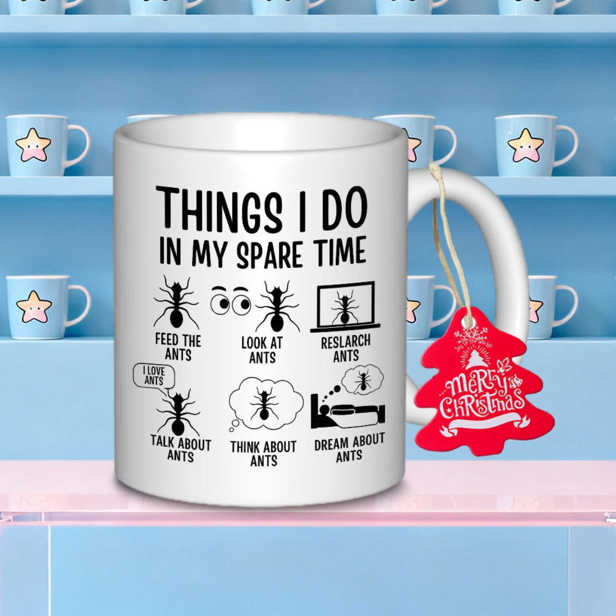 Tailorly White Ceramic 11 oz Mug - Things I Do In My Spare Time Minimalist Black Illustrations Depicting Various Life Activities Centered Around A Tiny Ant