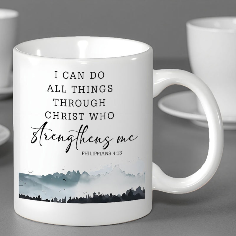 Tailorly White Ceramic 11 oz Mug - I Can Do All Things Through Christ Who Strengthens Me Philippians 4 13 Misty Pine Forest Silhouette Under Heavenly Morning Fog