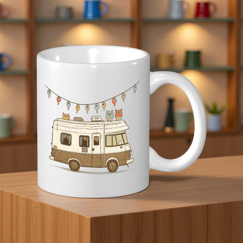 Tailorly White Ceramic 11 oz Mug - Retro Travel Van With Small Owls Sitting Under Decorative Bunting Camper