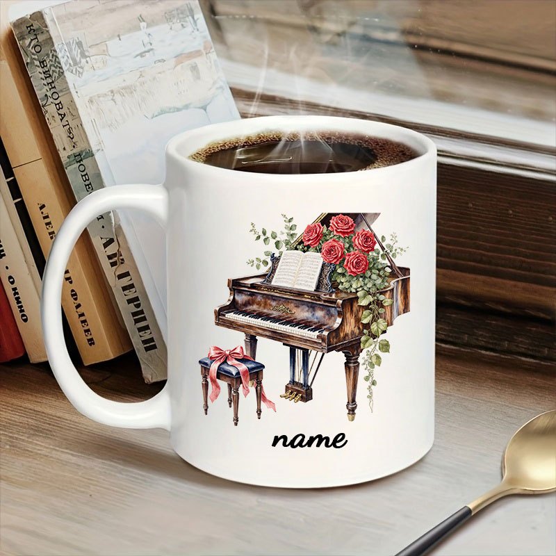 Tailorly White Ceramic 11 oz Mug - Name Elegant Classic Grand Adorned With Red Roses And Greenery Piano
