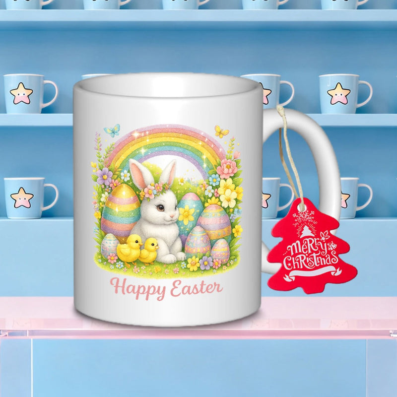 Tailorly White Ceramic 11 oz Mug - Happy Easter Adorable White Rabbit Among Colorful Easter Eggs Under Vibrant Rainbow Rabbit