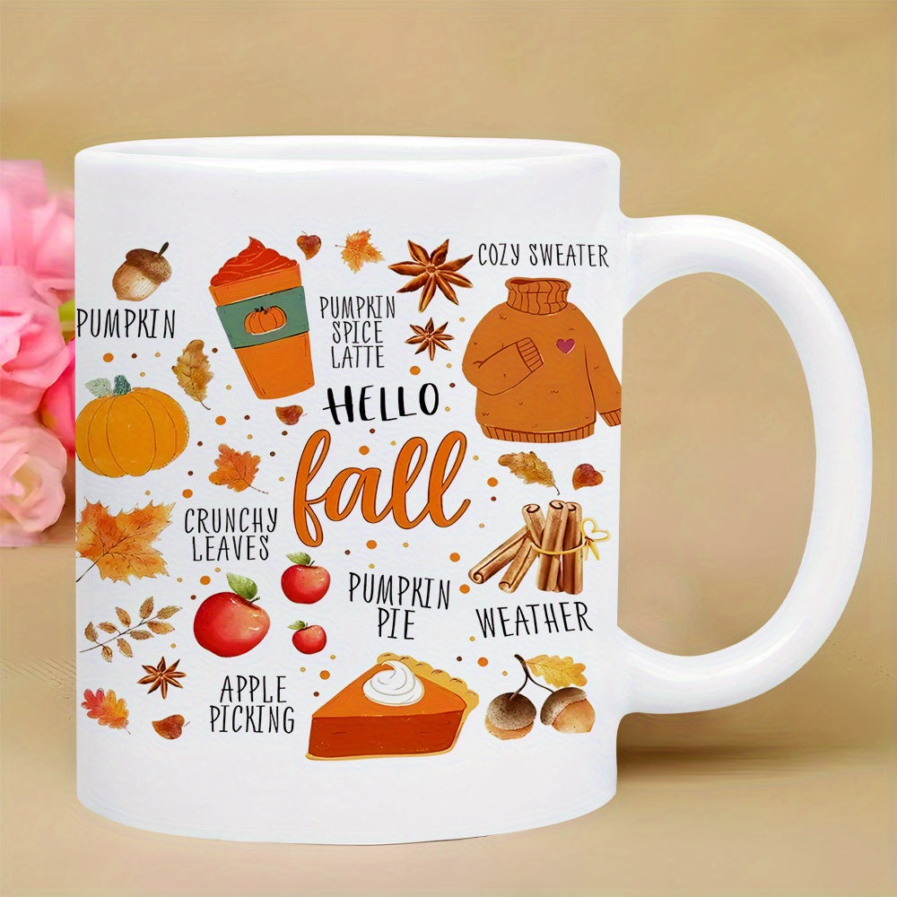 Tailorly White Ceramic 11 oz Mug - Hello Fall Cozy Sweater Hand Drawn Autumn Harvest Icons Featuring Golden Leaves And Seasonal Drinks Pumpkin