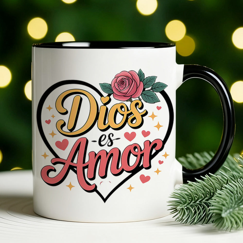 Tailorly Black Accent 11 oz Mug - faith inspired text "god is" in Spanish with a floral pattern