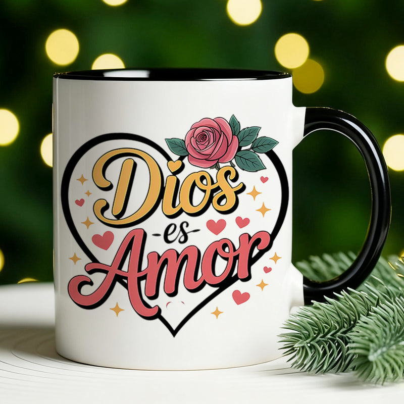 Tailorly Black Accent 11 oz Mug - faith inspired text "god is" in Spanish with a floral pattern