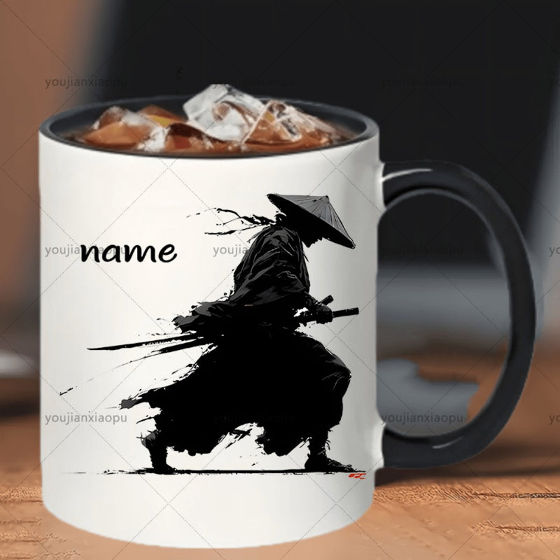 Tailorly Black Accent 11 oz Mug - item picture customizable name mug ancient samurai mug wash style ceramic cup office tea cup gift for men samurai