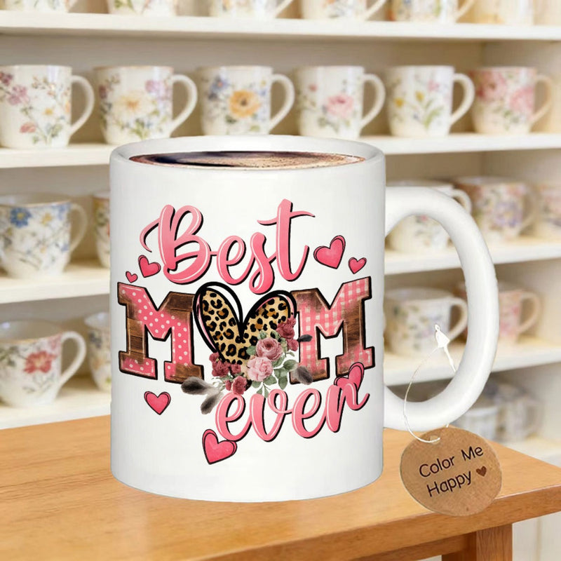 Tailorly White Ceramic 11 oz Mug - Best Mom Ever Decorative Pink Plaid With Leopard Print Hearts And Delicate Flowers Heart