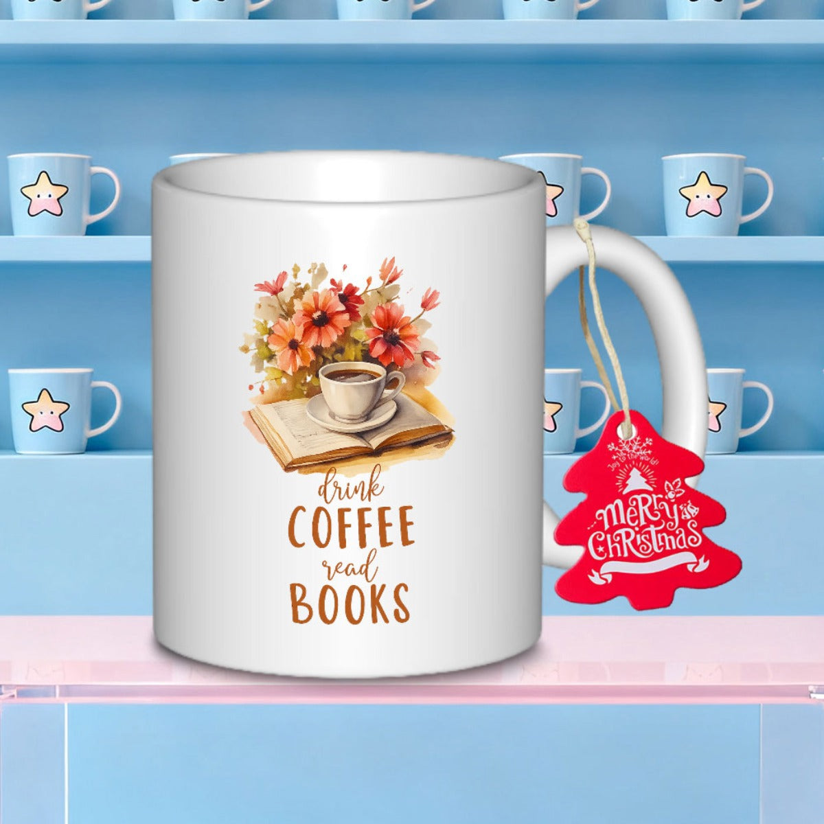 Tailorly White Ceramic 11 oz Mug - Drink Coffee Read Books Watercolor Blossoms Nestled Behind A Peaceful Steaming Cup