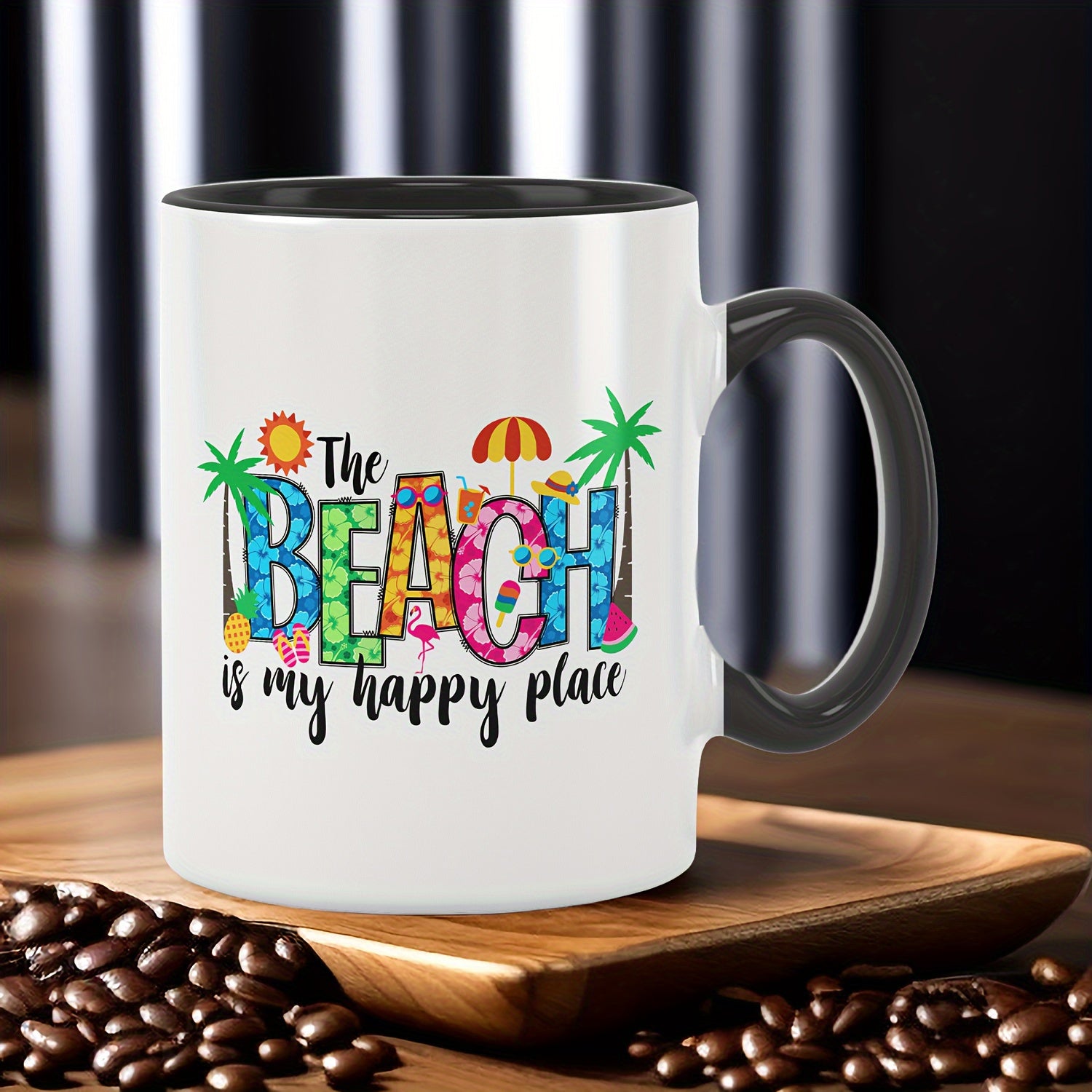 Tailorly Black Accent 11 oz Mug - beach themed vibrant summer elements
