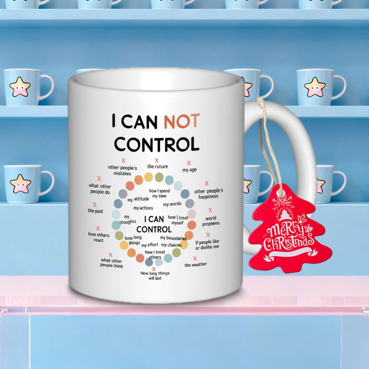 Tailorly White Ceramic 11 oz Mug - I Can Not Control I Can Control Minimalist Circular Pattern With Colorful Dots Displaying Motivational Words About Life Mug