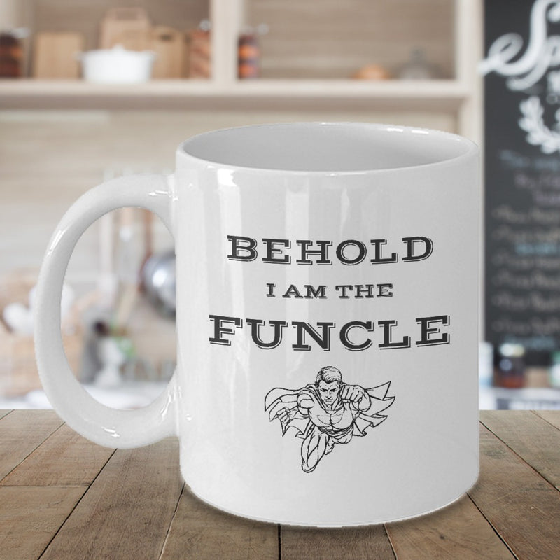 Tailorly White Ceramic 11 oz Mug - Behold I Am The Funcle Flying Heroic Figure With A Long Cape Moving Through Air Superhero