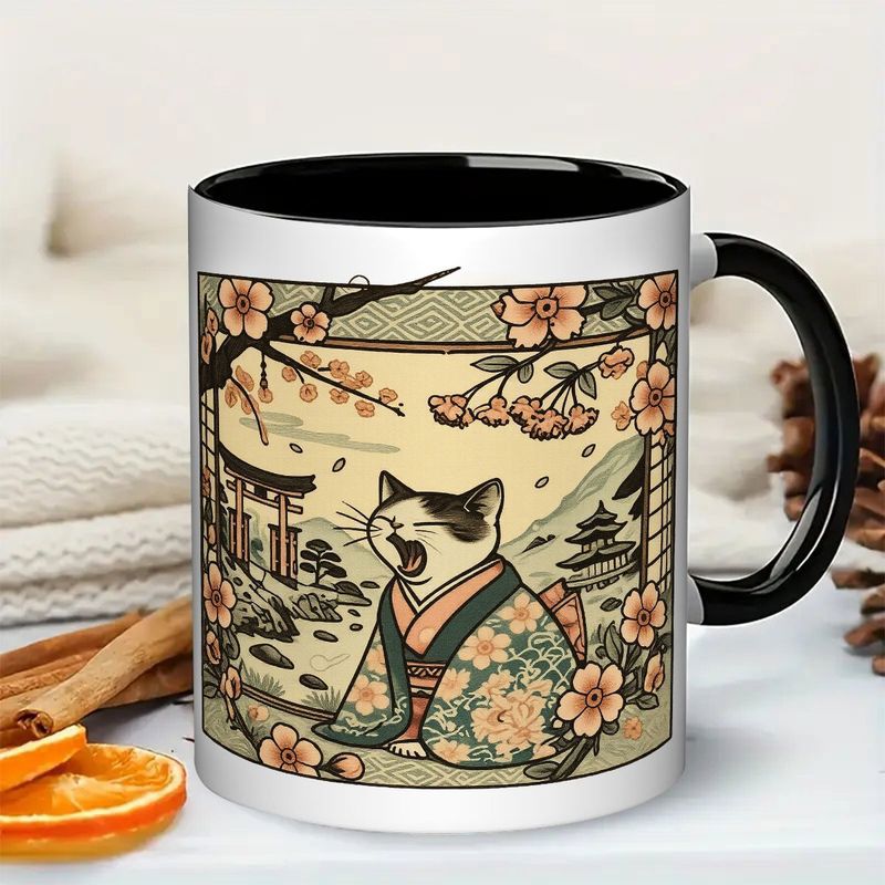 Tailorly Black Accent 11 oz Mug - cute yawning cat in kimono