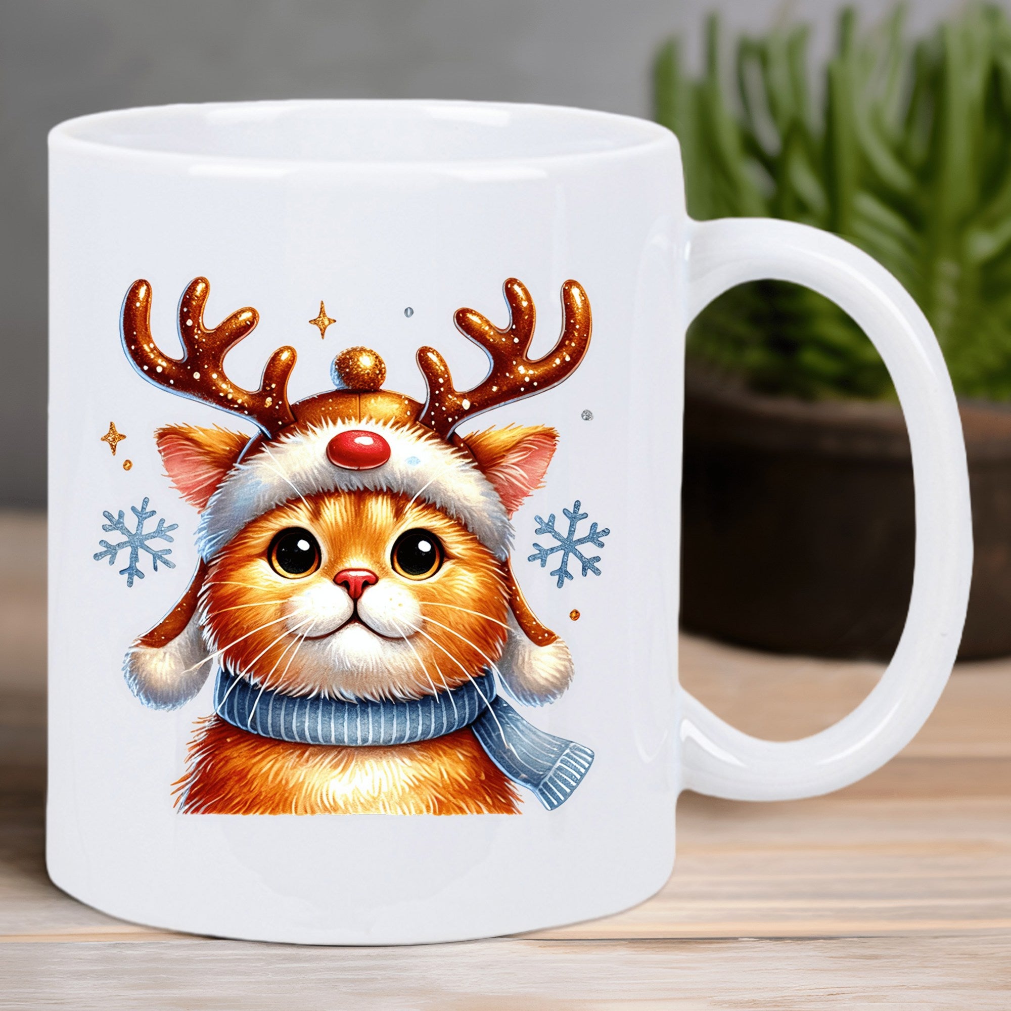 Tailorly White Ceramic 11 oz Mug - Adorable Festive Orange Kitten Wearing Reindeer Antlers And Blue Knitted Scarf Cat