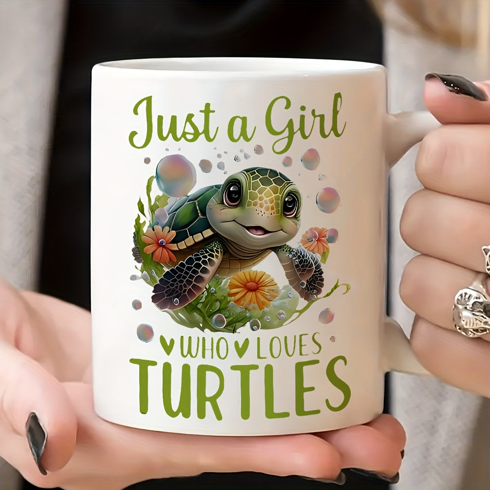 Tailorly White Ceramic 11 oz Mug - Just A Girl Who Loves Turtles Adorable Tiny Sea Creature Swimming With Flowers And Bubbles Turtle