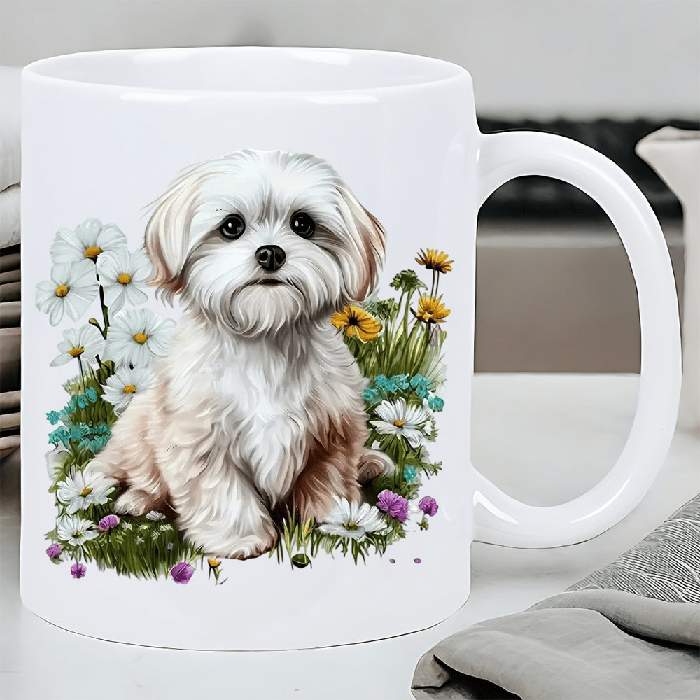 Tailorly White Ceramic 11 oz Mug - Adorable Fluffy White Puppy Sitting Peacefully Among Colorful Spring Garden Flowers Dog