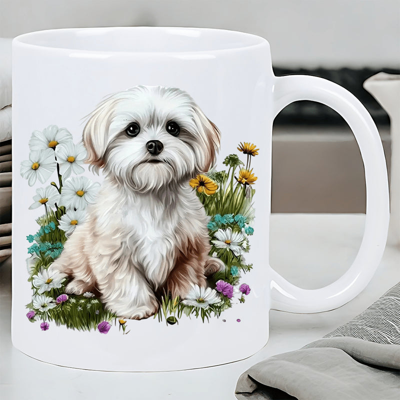 Tailorly White Ceramic 11 oz Mug - Adorable Fluffy White Puppy Sitting Peacefully Among Colorful Spring Garden Flowers Dog