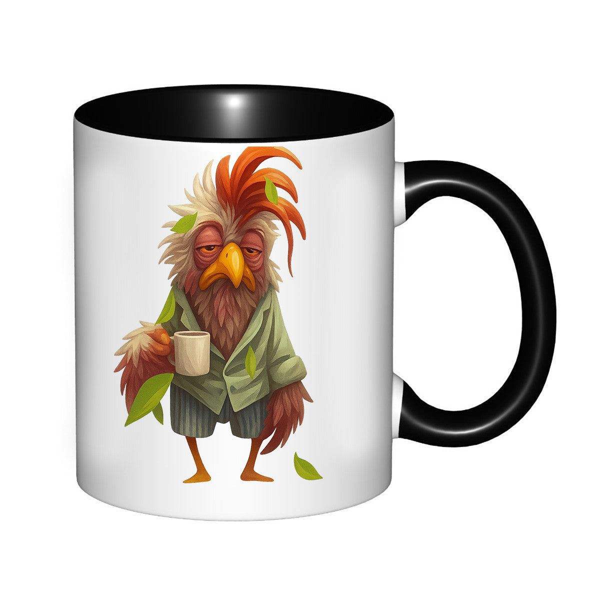Tailorly Black Accent 11 oz Mug - funny rooster cartoon animal rooster with coffee cup and leaves
