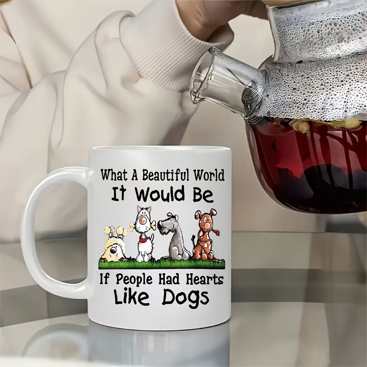 Tailorly White Ceramic 11 oz Mug - What A Beautiful World It Would Be If People Had Hearts Like Dogs Four Diverse Cartoon Dogs Sitting Together On Lush Green Grass
