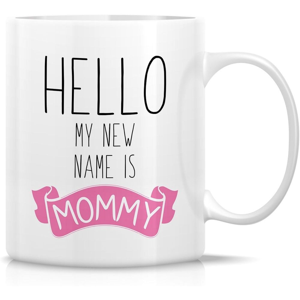 Tailorly White Ceramic 11 oz Mug - Hello My New Name Is Mommy Minimalist Black Typography Featuring A Soft Pink Decorative Scroll Banner Mug
