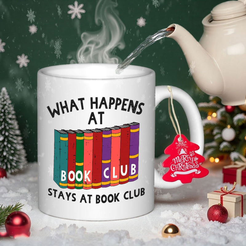 Tailorly White Ceramic 11 oz Mug - What Happens At Book Club Stays At Book Club Vibrant Colorful Hardcover Volumes Standing Side By Side In Order Books