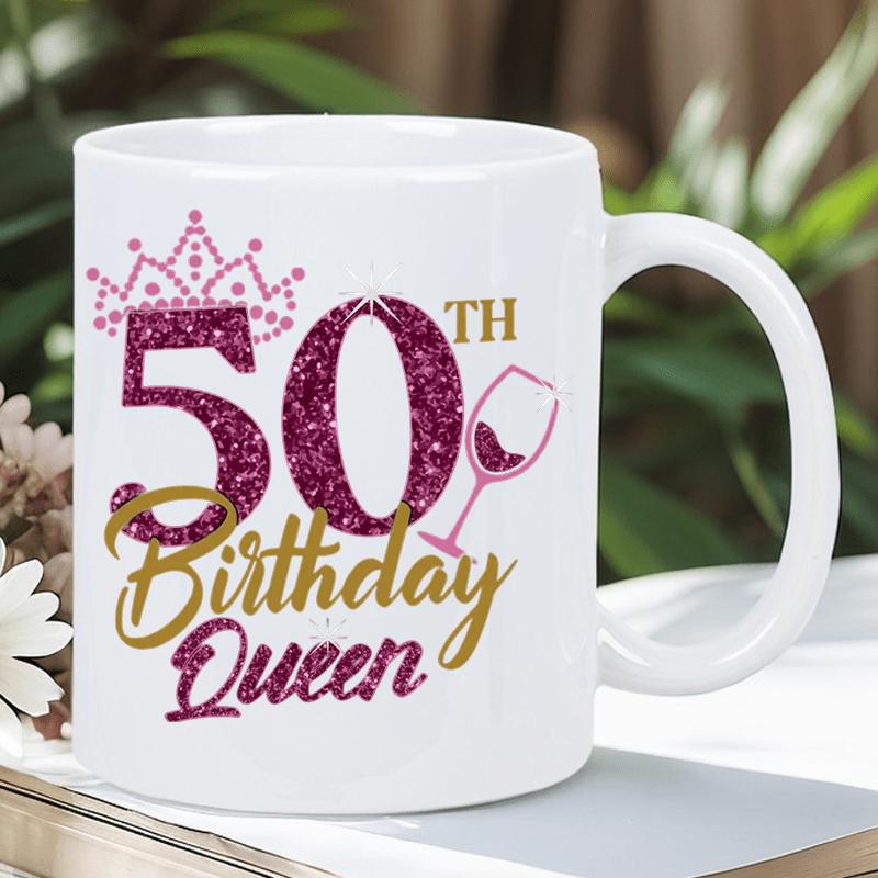 Tailorly White Ceramic 11 oz Mug - 50TH Birthday Queen Sparkling Pink Glitter Numbers Featuring Golden Script Text And Elegant Tiara Crown