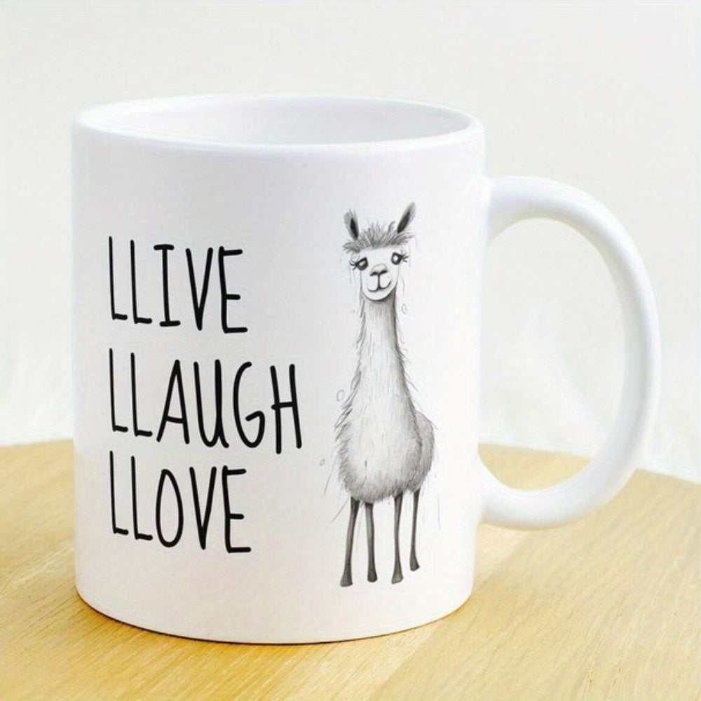Tailorly White Ceramic 11 oz Mug - Llive Llaugh Llove Hand Drawn Sketchy Minimalist Alpaca With Long Neck Furry Texture Llama