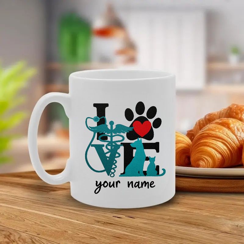 Tailorly White Ceramic 11 oz Mug - Love Your Name Artistic Veterinary Symbols With Dog Cat Silhouettes And Heart Paw Mug