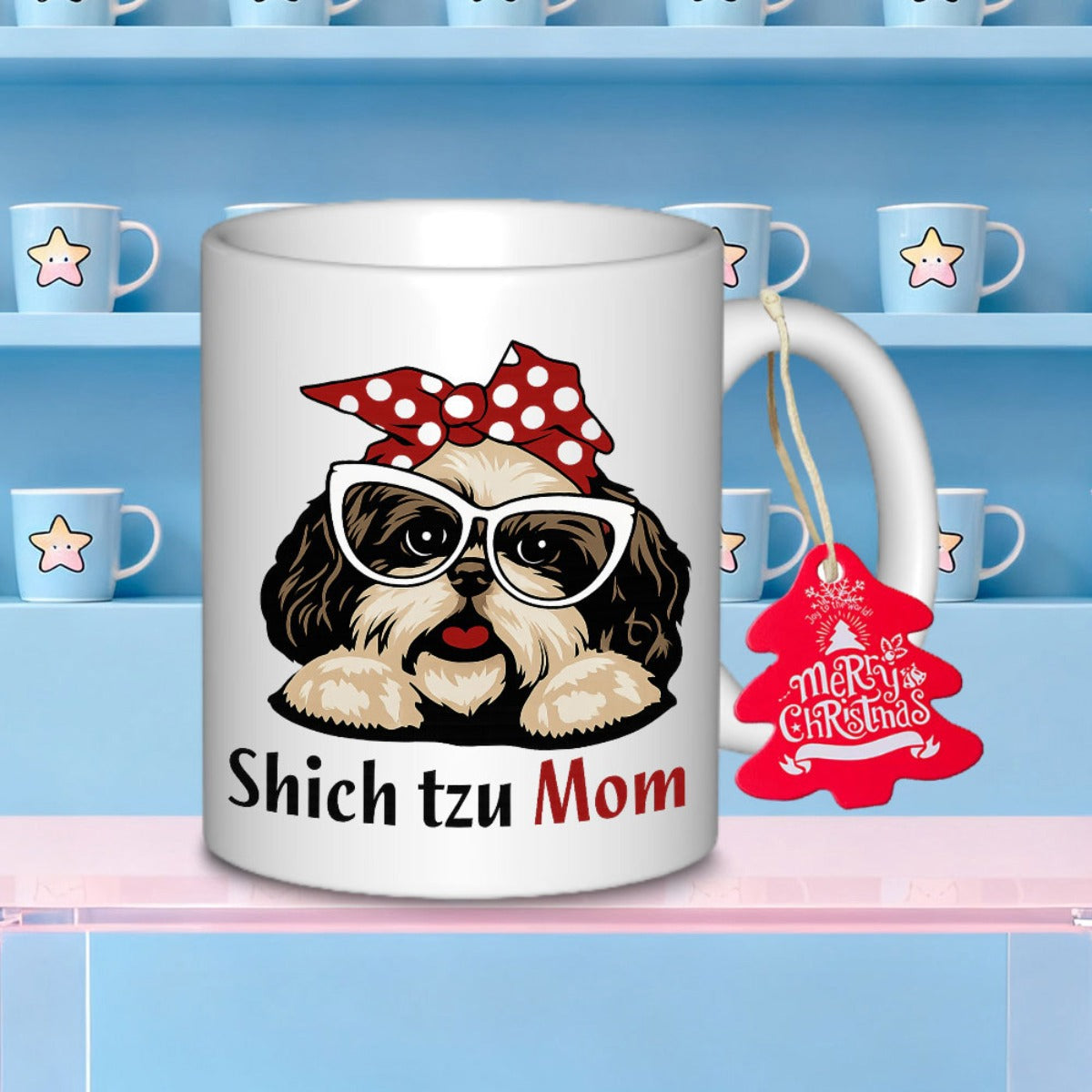 Tailorly White Ceramic 11 oz Mug - Shih Tzu Mom Adorable Pet Dog Wearing White Glasses And Red Polka Dot Bandana Shih Tzu