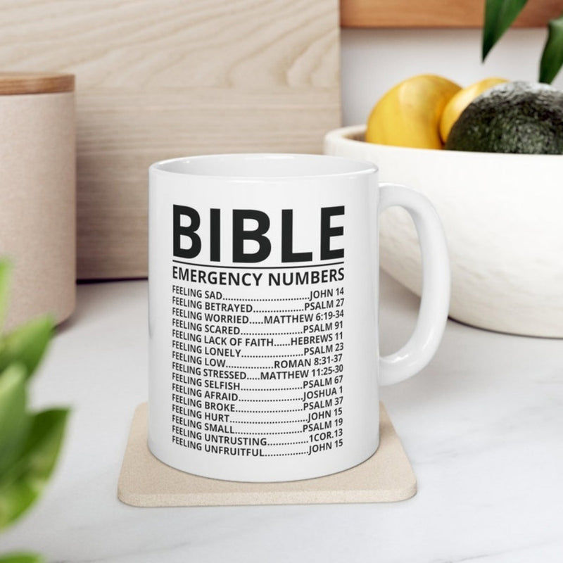 Tailorly White Ceramic 11 oz Mug - Bible Emergency Numbers Minimalist Black Typography Listing Religious Verse References For Comfort Mug